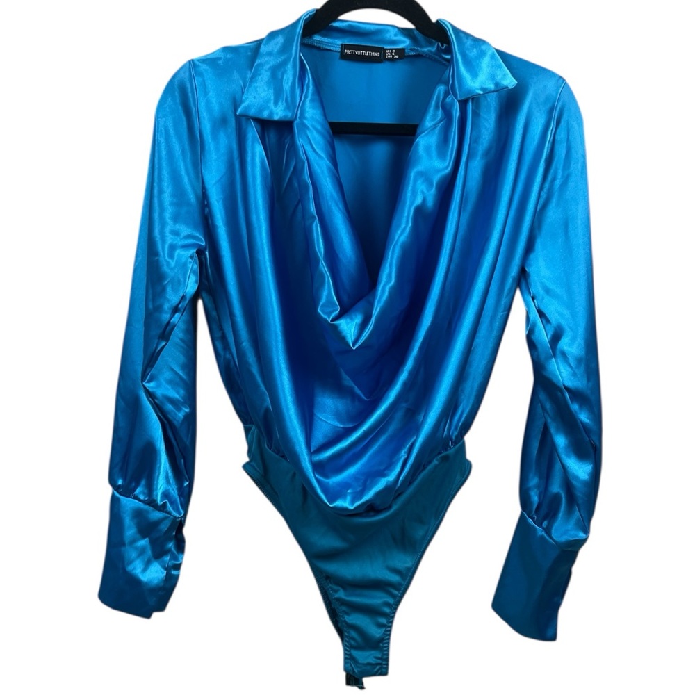PRETTY LITTLE THING Satin Cowl Neck Bodysuit Blue US 4 | Split Cuff Long Sleeve